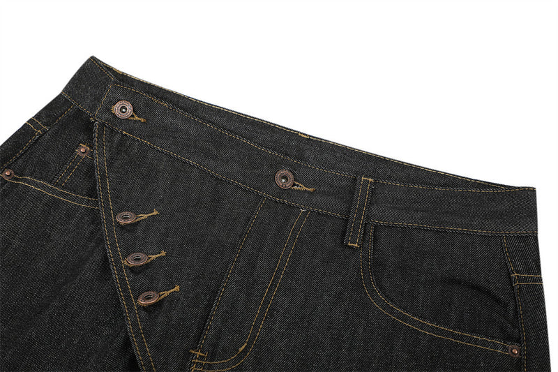Raw Denim Flare Jeans with Diagonal Button Fly & Deconstructed Wide Leg