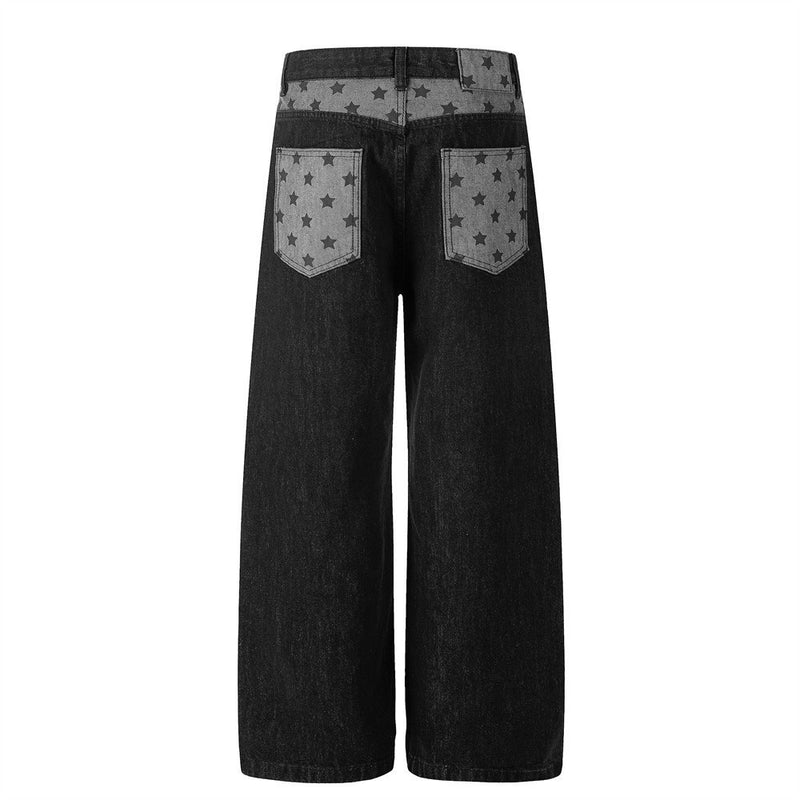 Men's Black Wide-Leg Jeans with Star-Print Contrast Pockets