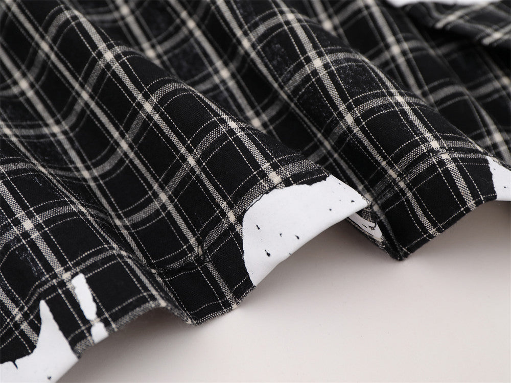 Plaid Long Sleeve Shirt – Graffiti Print & Old English Embroidery, Oversized Fit