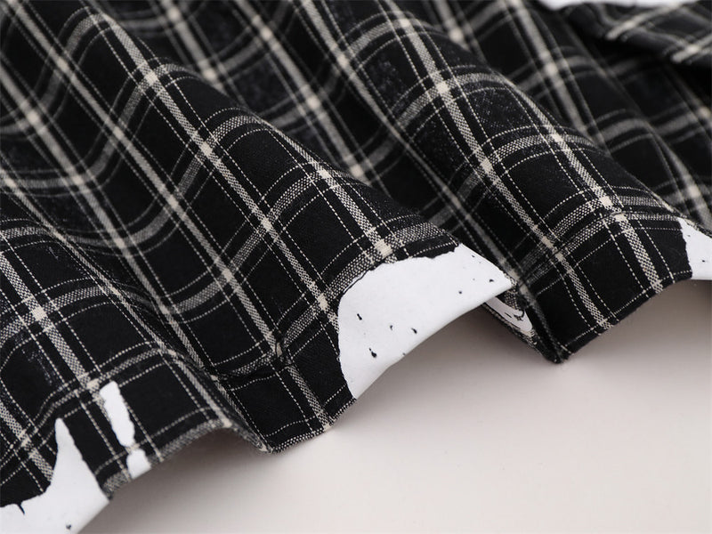 Plaid Long Sleeve Shirt – Graffiti Print & Old English Embroidery, Oversized Fit