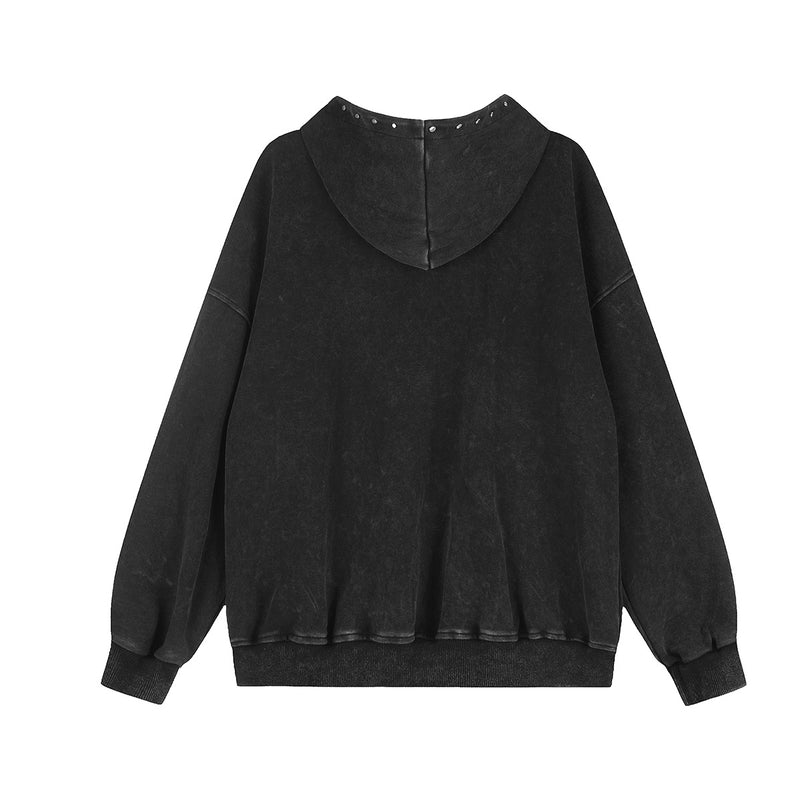 Zip-Up Hoodie Vintage Washed Rhinestone Rivet Graphic Oversized Cardigan