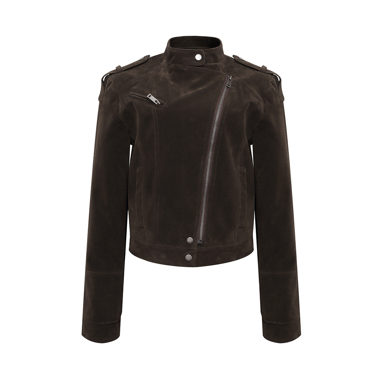 Cropped suede moto biker jacket with asymmetric zip and stand collar in deep brown