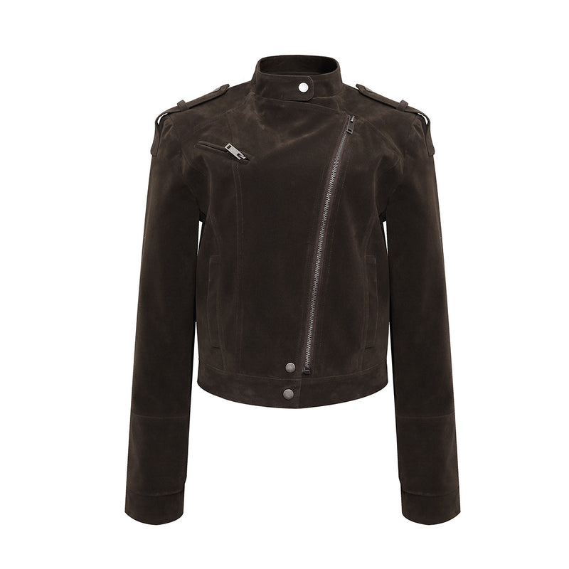 Cropped suede moto biker jacket with asymmetric zip and stand collar in deep brown