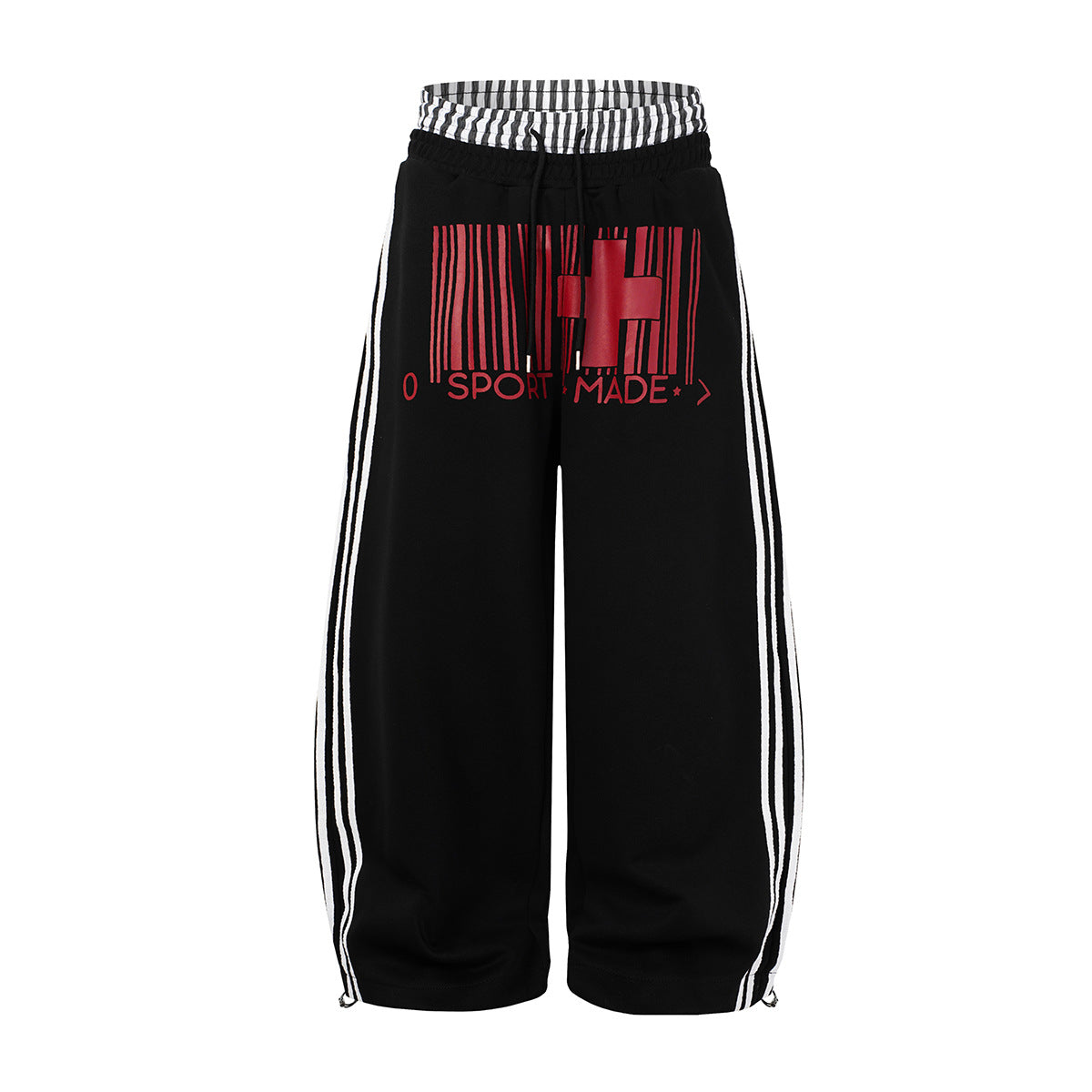 Wide-leg sweatpants with barcode cross print, striped double waistband and white side stripes in black colorway
