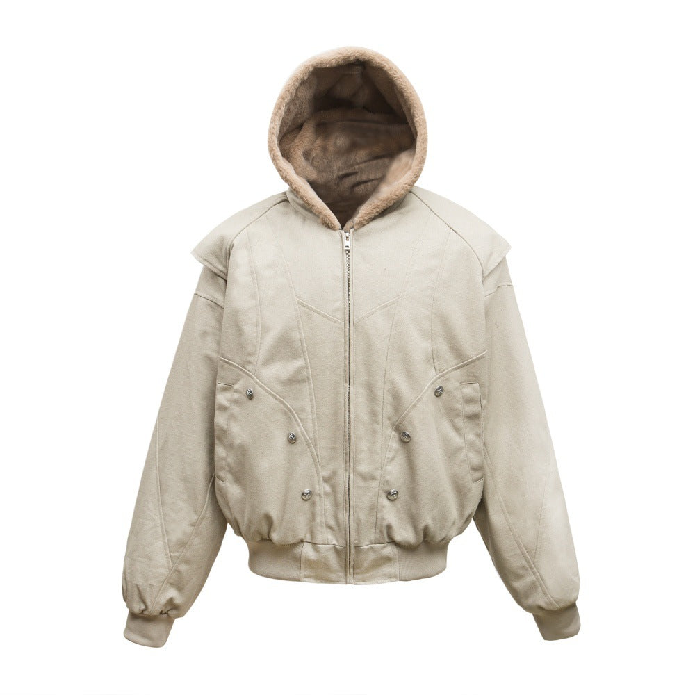Oversized Hooded Bomber Jacket with Sherpa-Lined Hood & Decorative Buttons