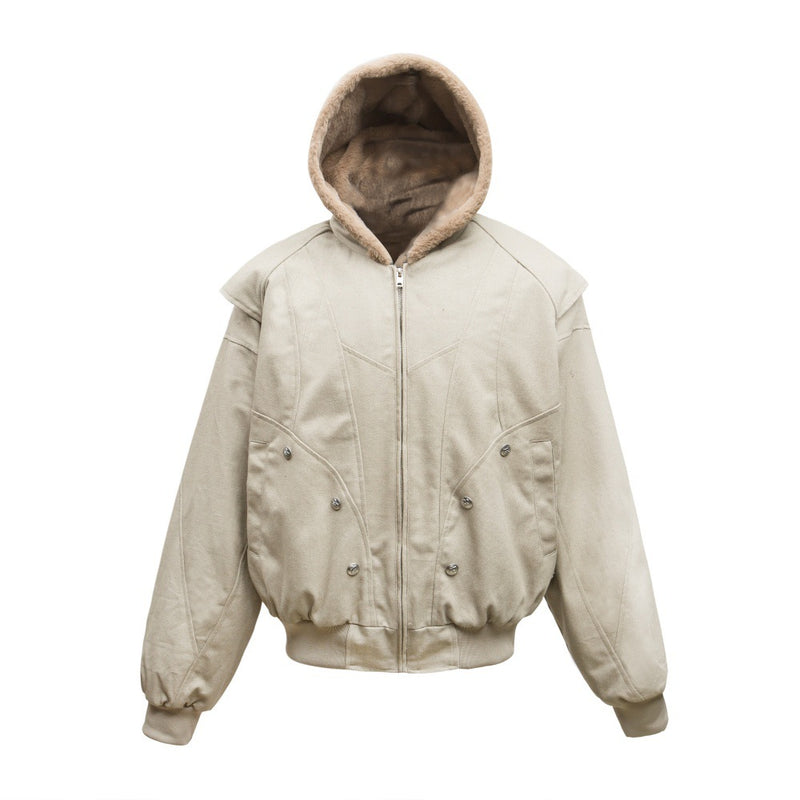 Oversized Hooded Bomber Jacket with Sherpa-Lined Hood & Decorative Buttons