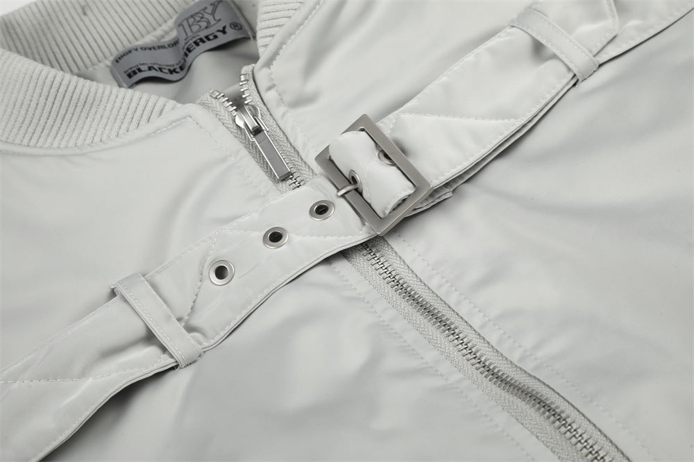 Bomber Jacket Men Oversized Buckle Strap Stand Collar Padded Outerwear