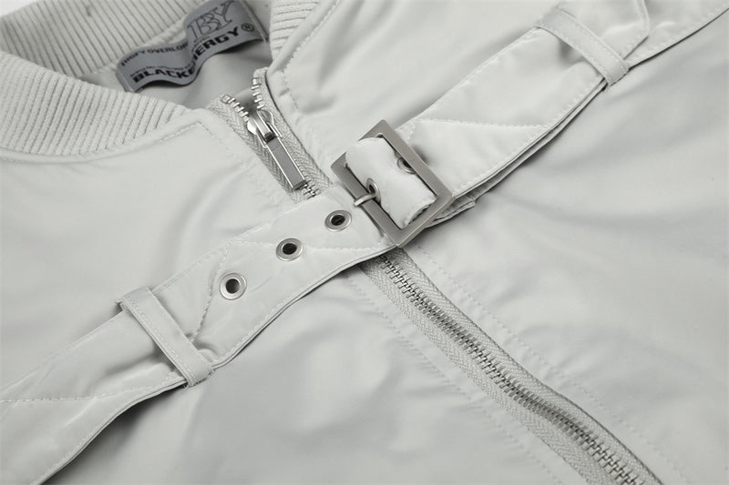 Bomber Jacket Men Oversized Buckle Strap Stand Collar Padded Outerwear