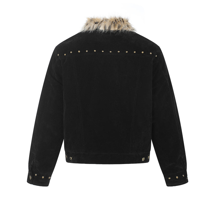 Faux Fur Collar Suede Jacket with Leopard Trim & Studs