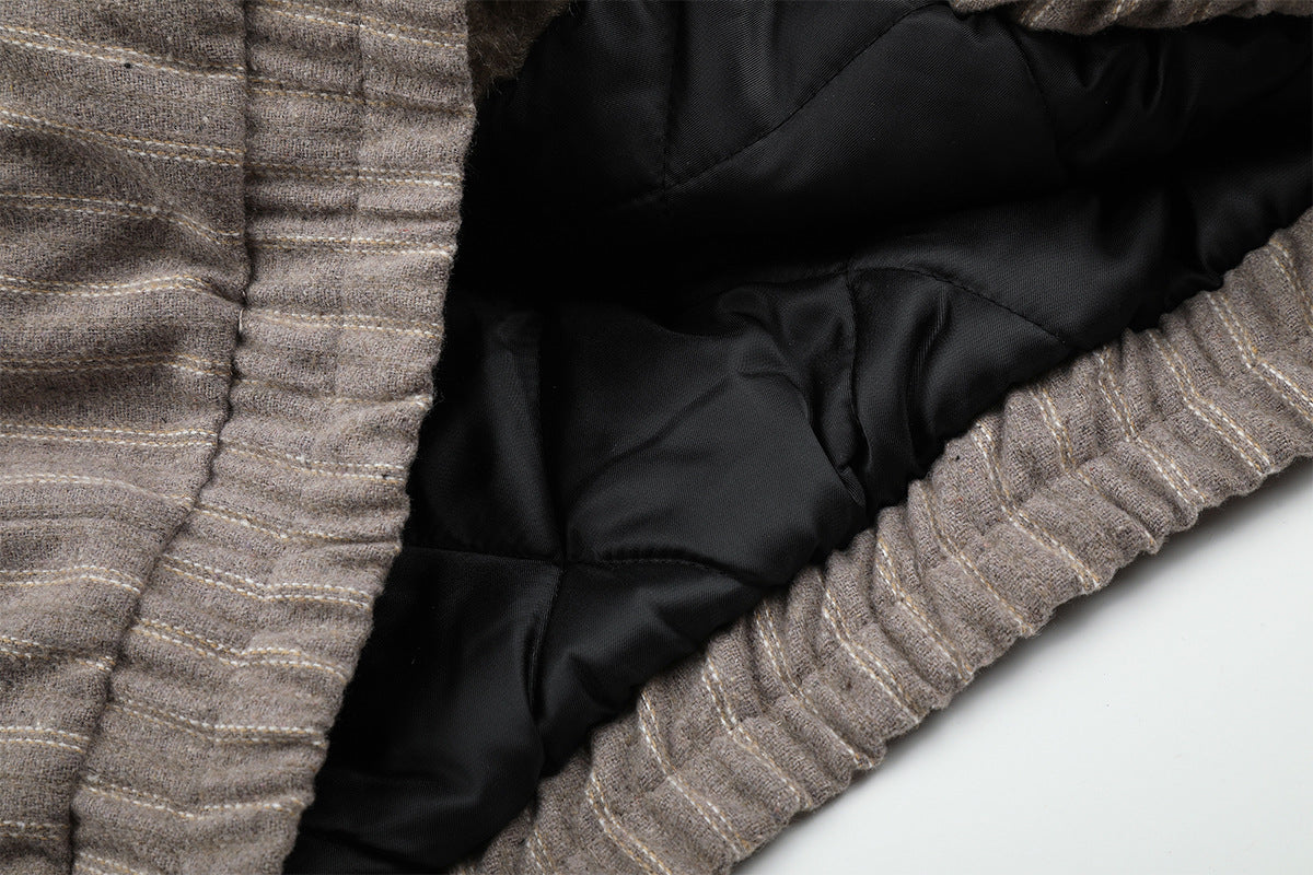 Pinstripe Zip-Up Bomber Jacket with Sherpa Collar & Pocket Trim
