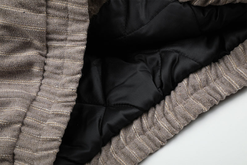 Pinstripe Zip-Up Bomber Jacket with Sherpa Collar & Pocket Trim
