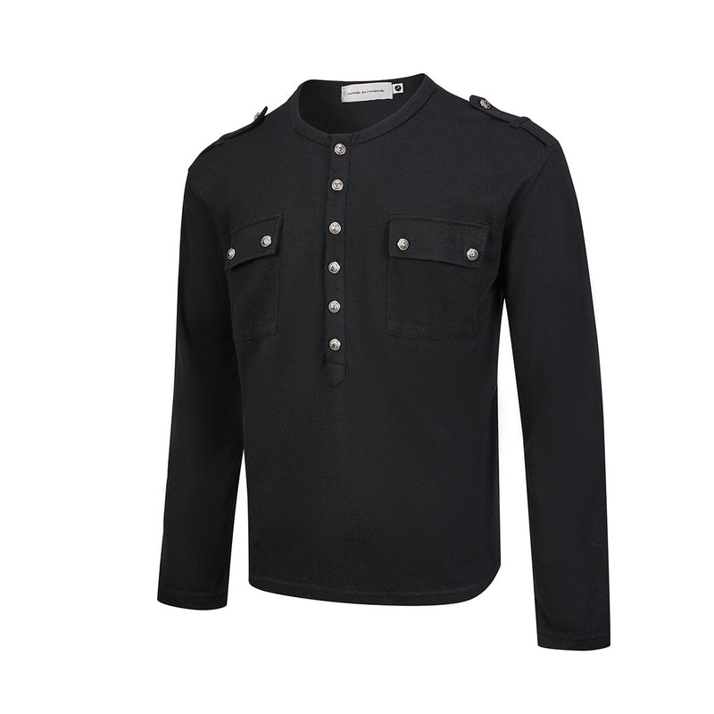 Men's Military-Style Henley Long Sleeve Shirt with Chest Pockets & Epaulettes