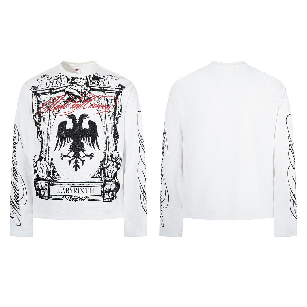 White long-sleeve waffle-knit tee with baroque double-headed eagle crest graphic and calligraphic sleeve print, front and bac
