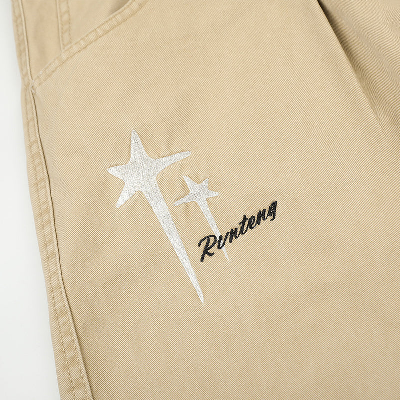 Wide-Leg Men's Pants with Star Embroidery & Cross Back Graphic – Relaxed