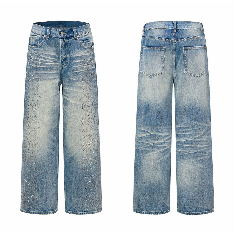 Jean vintage délavé à jambes larges pour homme avec motif cachemire en strass
