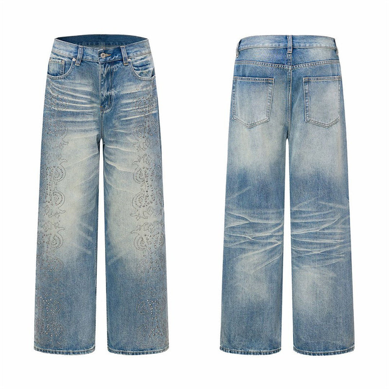 Jean vintage délavé à jambes larges pour homme avec motif cachemire en strass