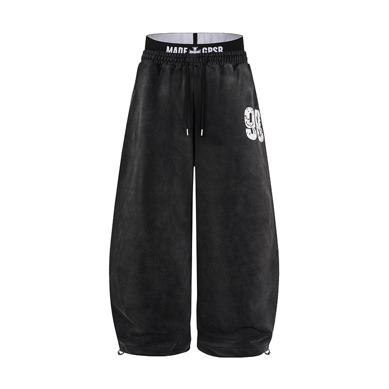 Wide Leg Sweatpants Acid Wash Double Waistband Baggy Fit with '98 Graphic