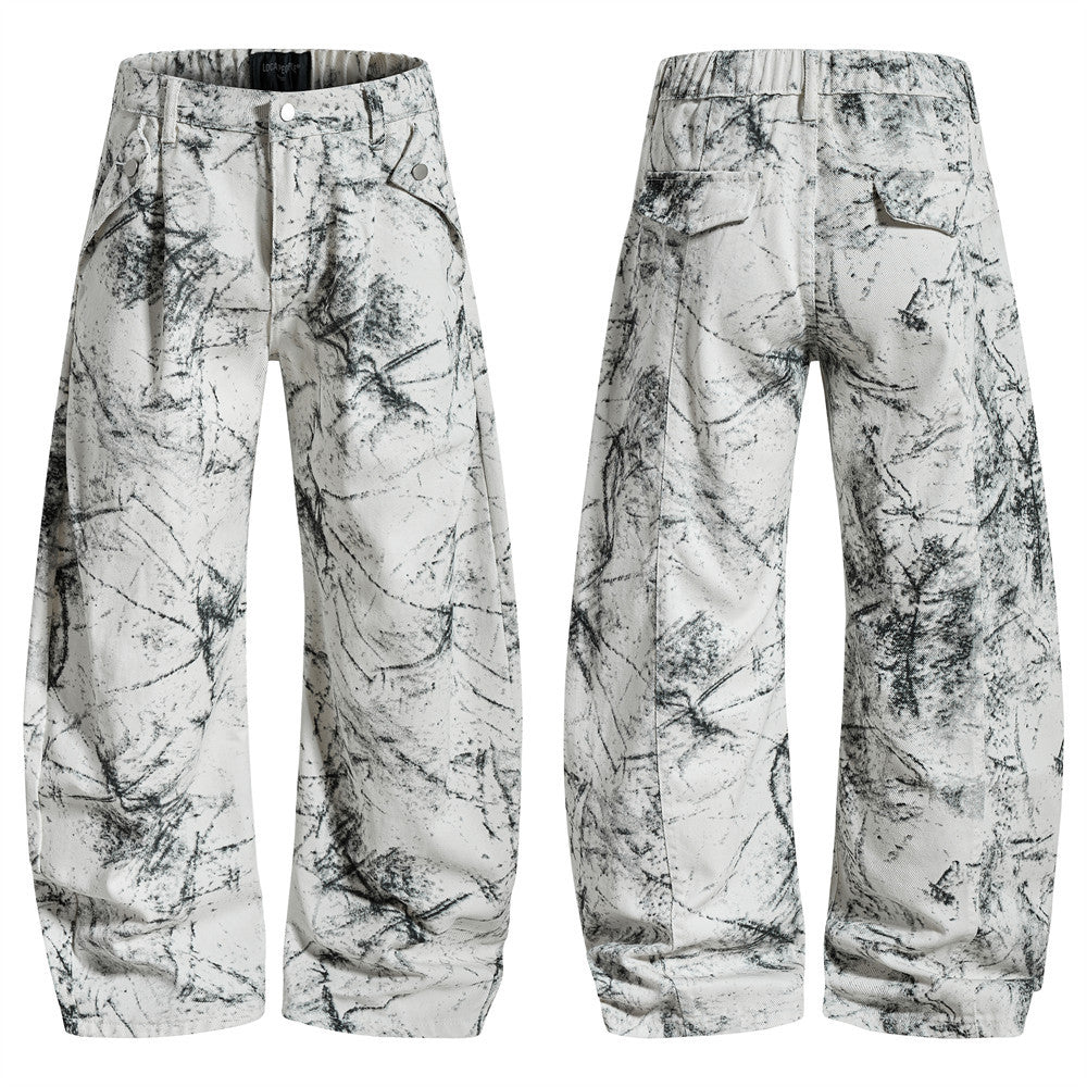 Hose mit weitem, geschwungenem Bein – Ink-Wash-Print, Falten und lockere Baggy-Passform