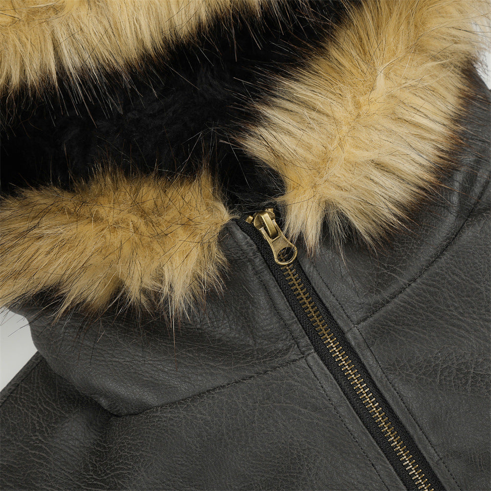Punk Fur-Collar Studded PU Leather Hooded Bomber Jacket