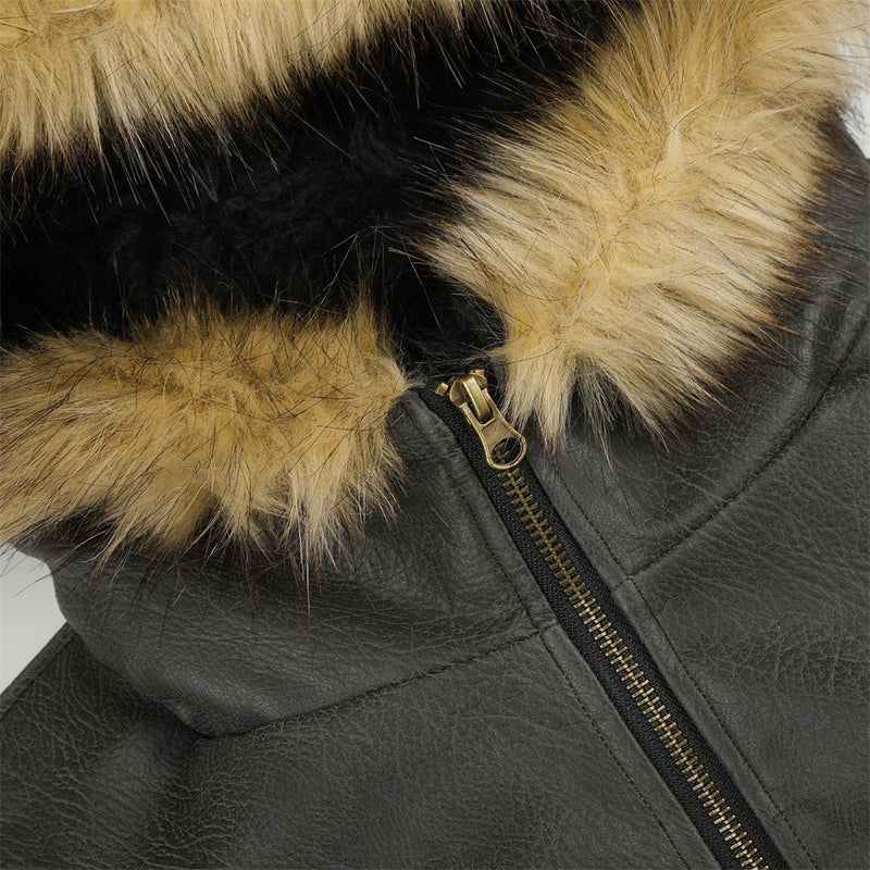 Punk Fur-Collar Studded PU Leather Hooded Bomber Jacket