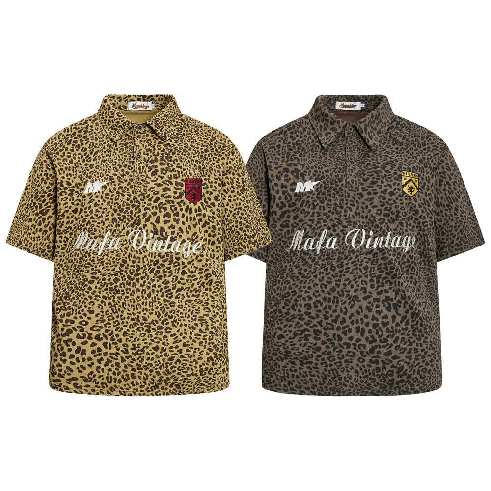 Mafa Vintage Leopard Print Short Sleeve Polo Shirt