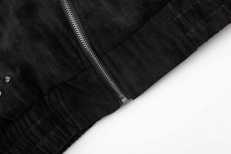 Schwarze Bomberjacke mit Wildlederoptik, Kunstpelzkragen und Wattierung im Biker-Stil