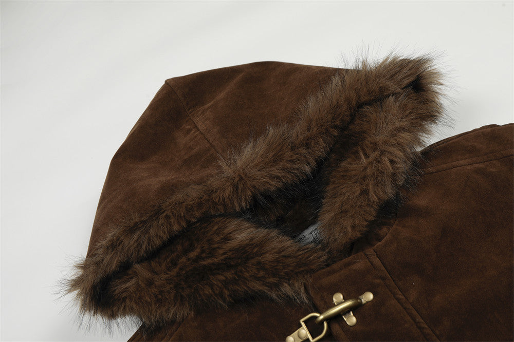 Faux Mink Fur-Trimmed Hooded Bomber Jacket with Toggle Clasps