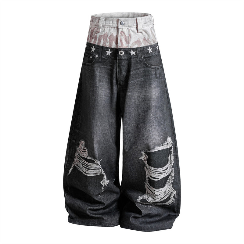 Wide-Leg Distressed Jeans with Faux Double Waistband & Star Detail