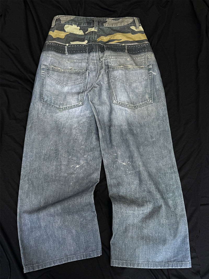 Baggy Wide-Leg-Jeans – Camouflage-Patchwork, Distressed-Denim, Nähte mit Nieten & Gürtel