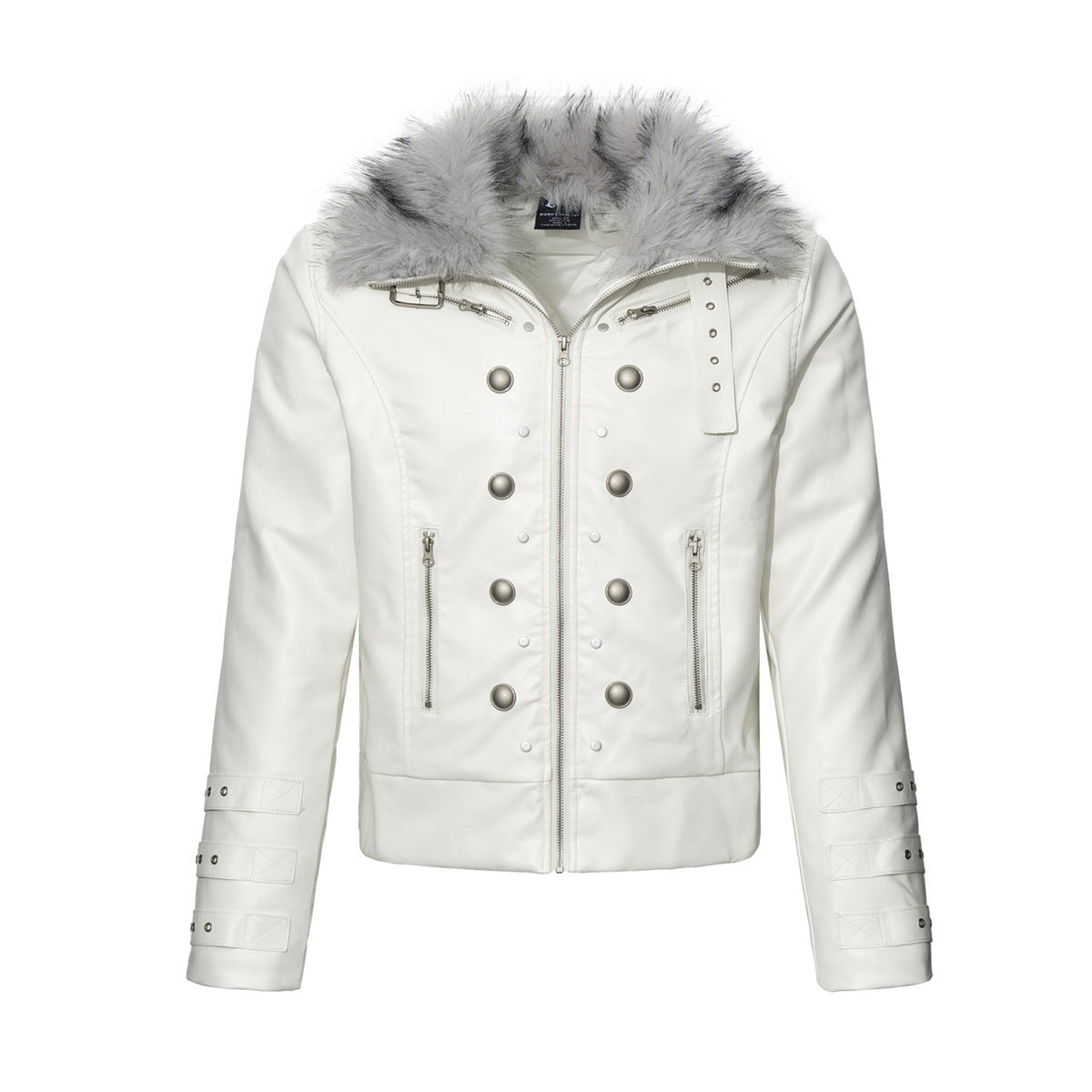 Faux Fur Collar Military Double-Button Moto Jacket – Padded PU Leather Bomber