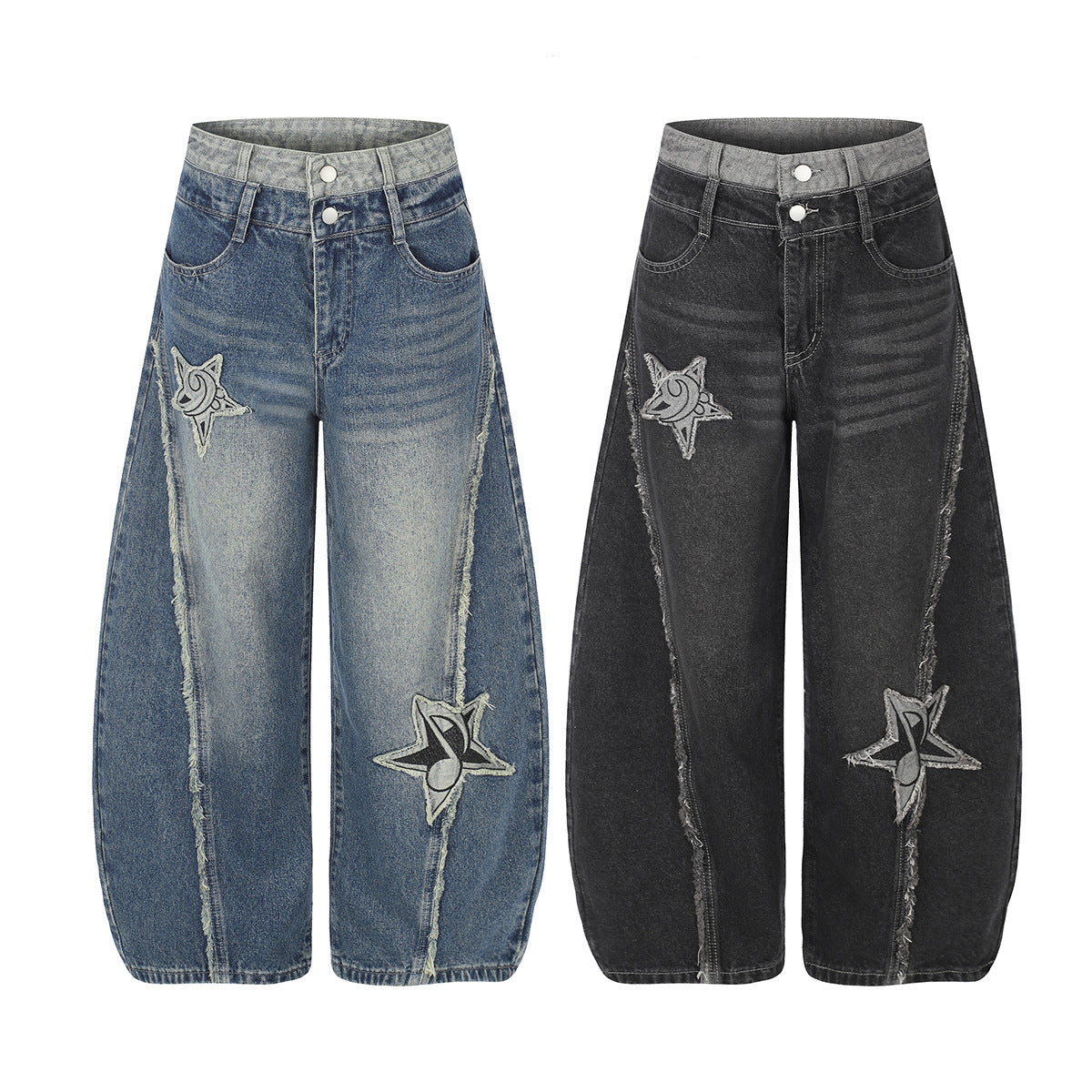 Baggy-Jeans mit weitem Bein, Stern-Patches und offenen Fransennähten