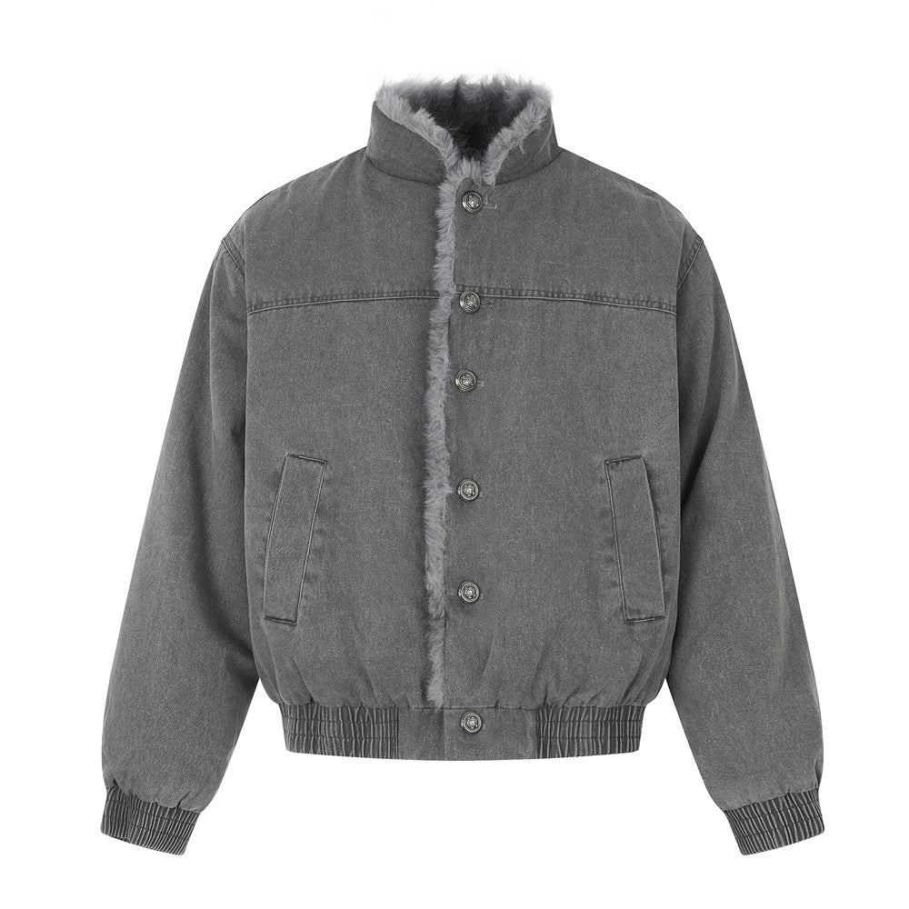Men's Denim Jacket with Fur Lining – Washed Grey Bomber Jacket