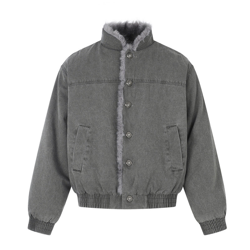Men's Denim Jacket with Fur Lining – Washed Grey Bomber Jacket