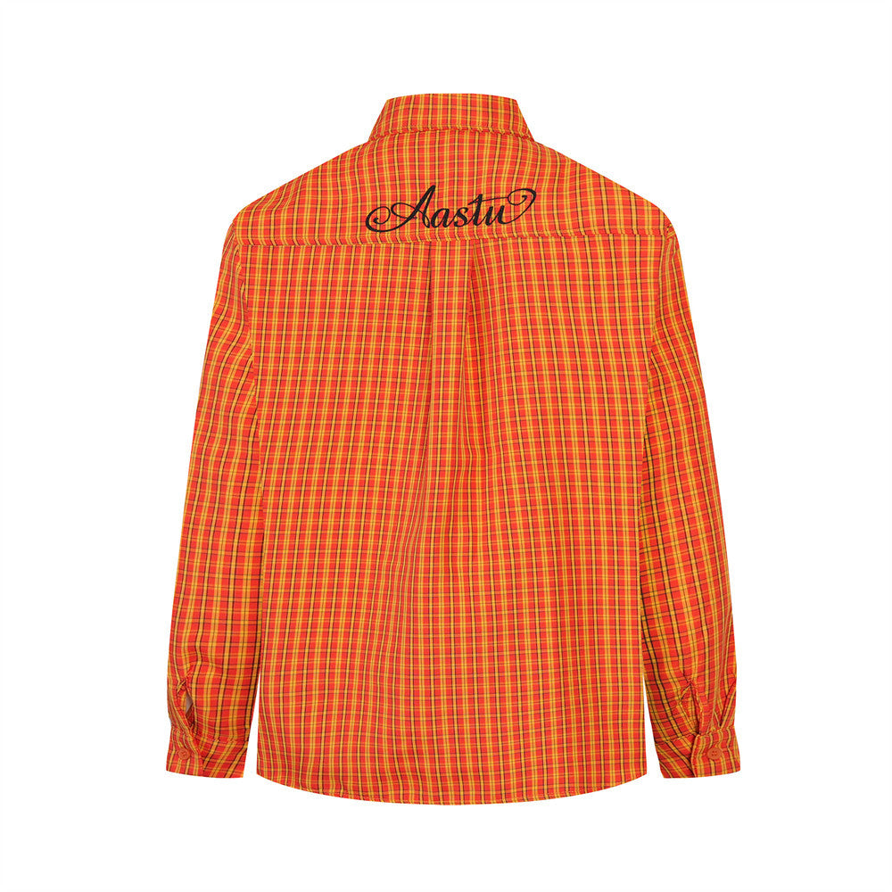 Men's Oversized Plaid Long-Sleeve Button-Up Shirt with Embroidered Chest Pocket