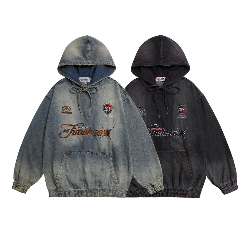 Denim Hoodie Vintage Washed Made Timeless Embroidery Oversized Fit