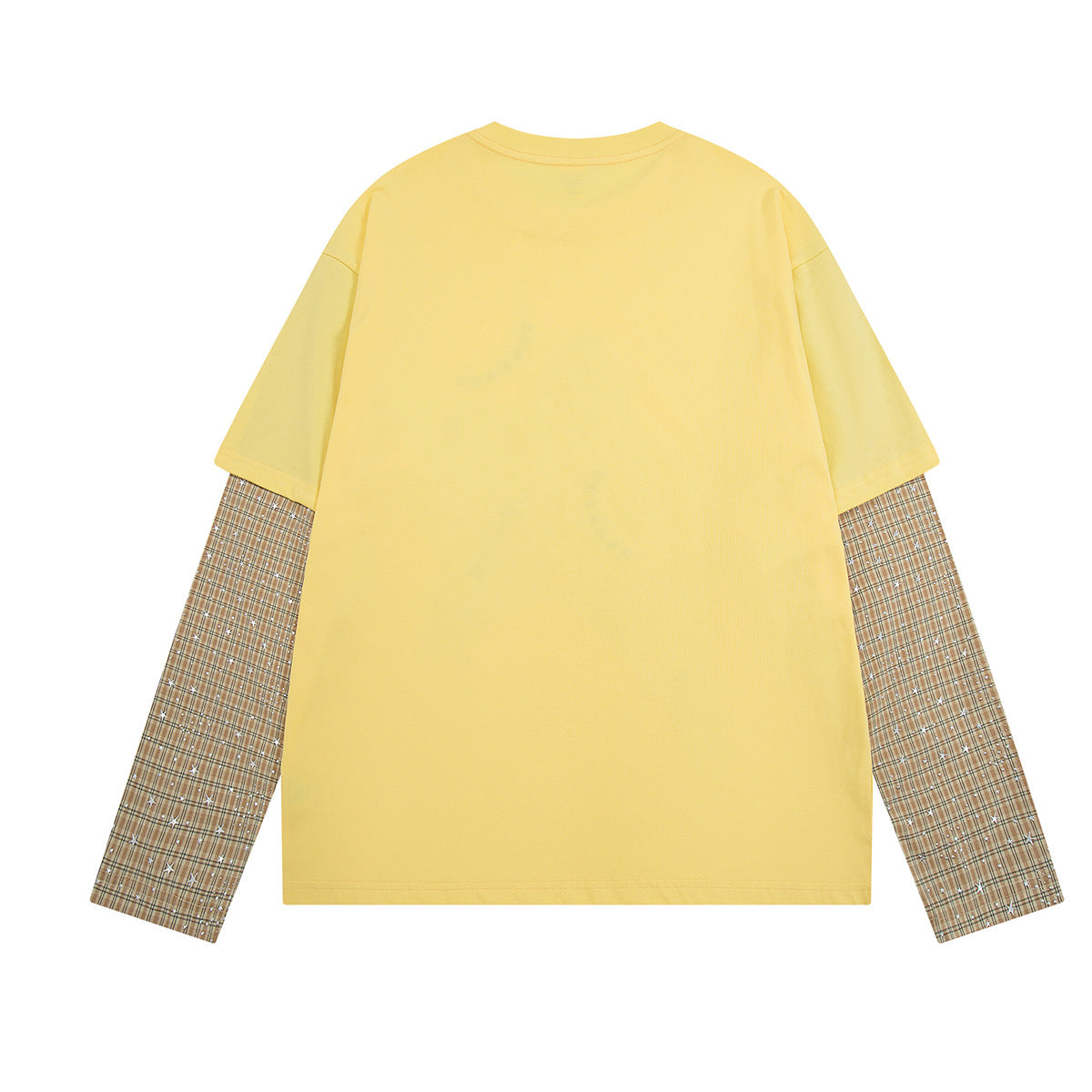 Langarmshirt mit Sternen-Applikation, Faux-Layering und karierten Kontrastärmeln