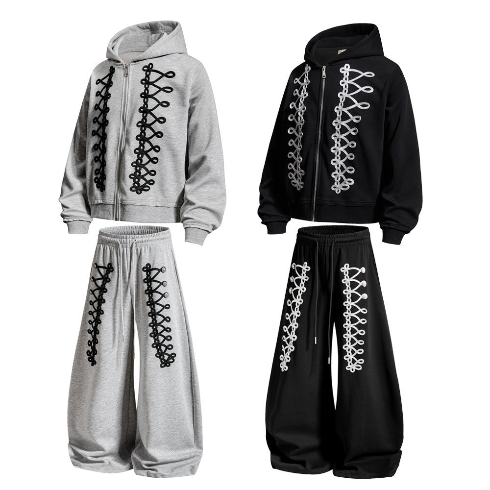 Oversized Zip-Up Hoodie Men – Rope Lace Detail Wide-Leg Sweatpants Set
