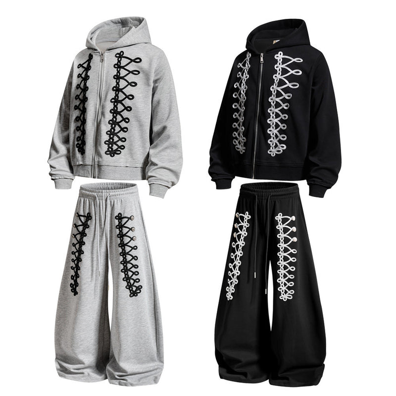 Oversized Zip-Up Hoodie Men – Rope Lace Detail Wide-Leg Sweatpants Set
