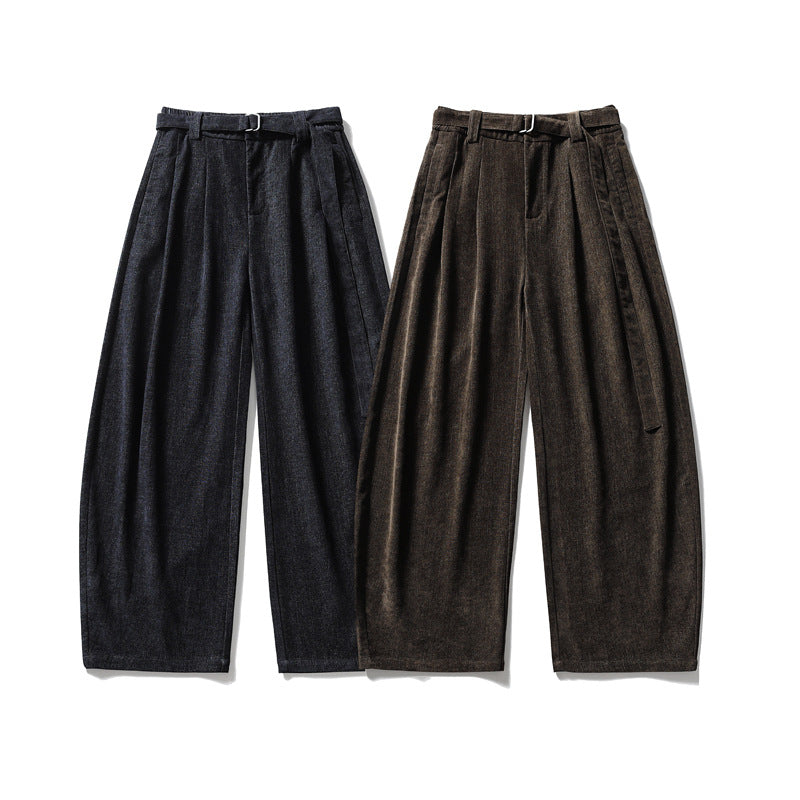 Men's wide-leg barrel-fit pleated trousers in brown and navy with side-tab buckle waistband