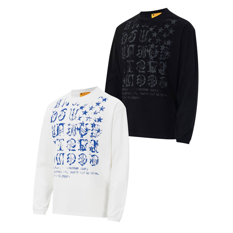 T-shirt manches longues à imprimé lettres gothiques – Col rond streetwear américain vintage