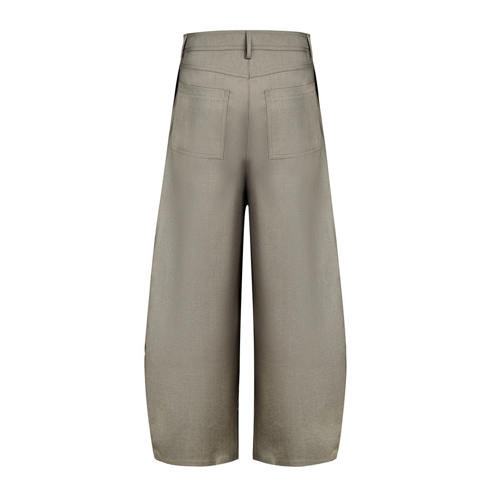 Wide-Leg Pleated Trousers – Diagonal Button Fly, Relaxed Silhouette