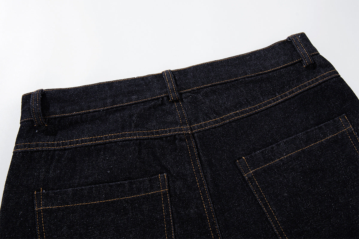 Jean brut baggy à jambes larges, pantalon cargo avec braguette à boutons dorés et détails cloutés
