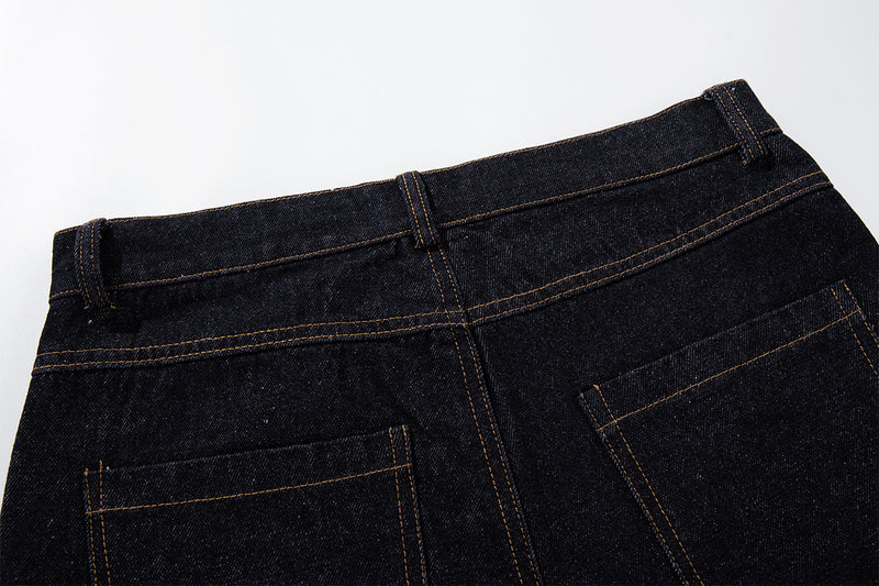 Jean brut baggy à jambes larges, pantalon cargo avec braguette à boutons dorés et détails cloutés