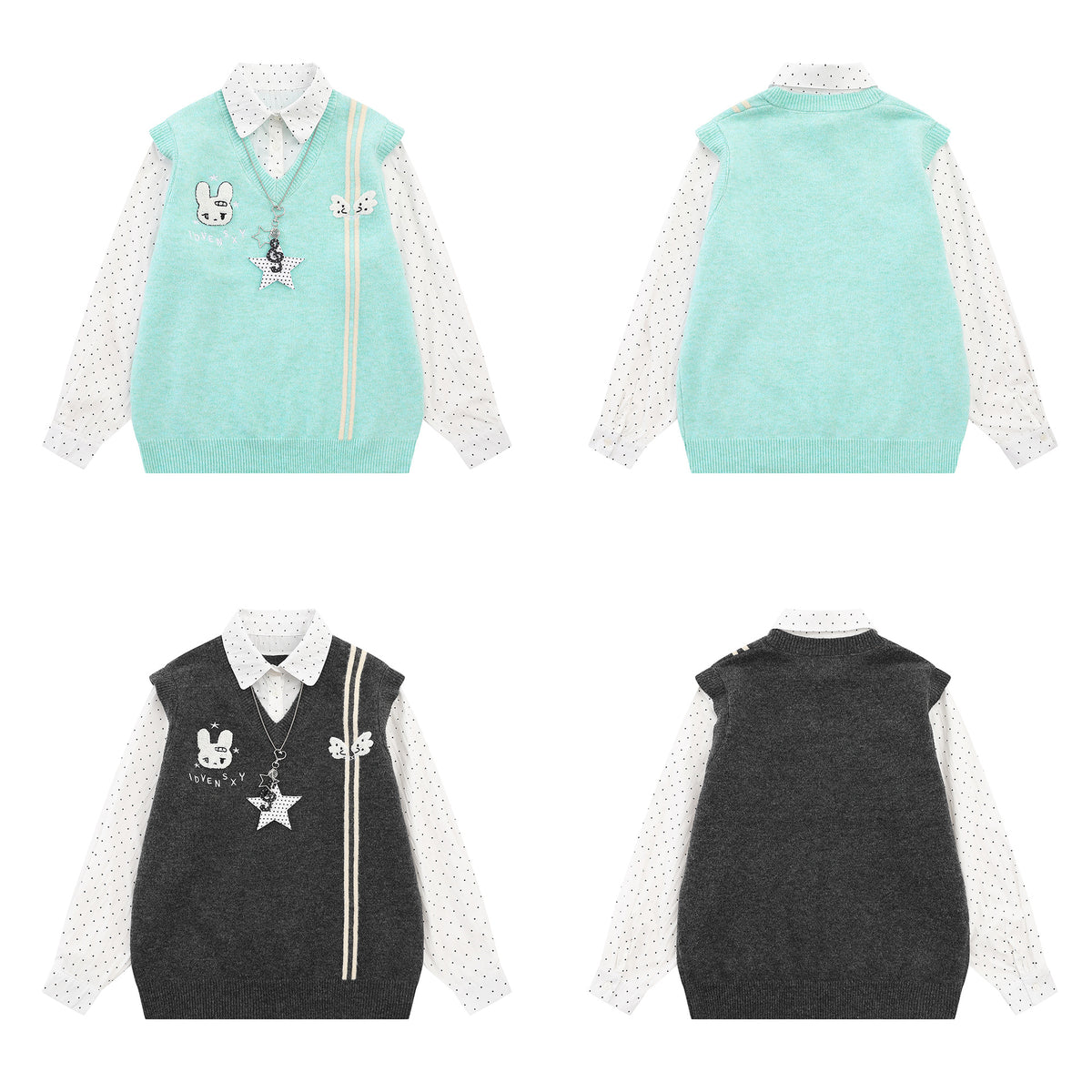 Sweater Faux Two-Piece Knit Vest with Polka Dot Shirt Collar & Bunny Embroidery
