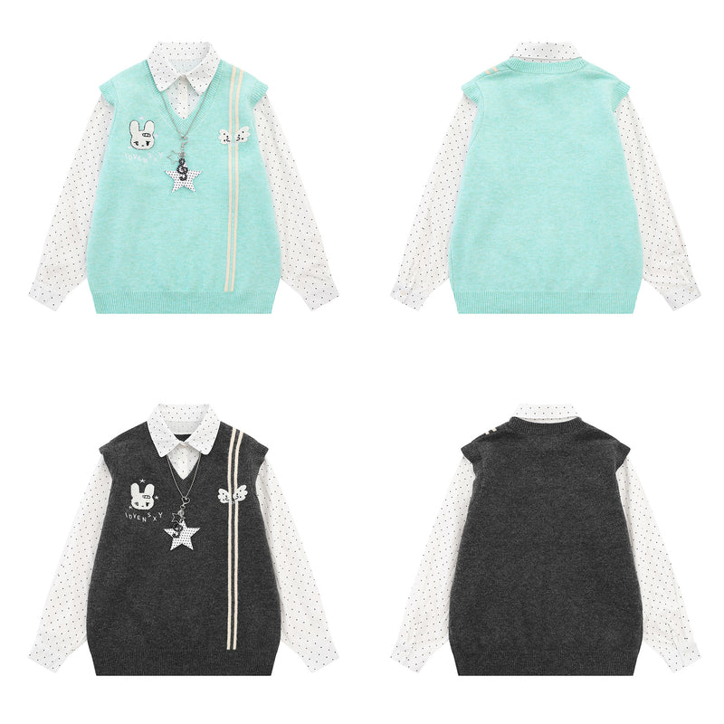 Sweater Faux Two-Piece Knit Vest with Polka Dot Shirt Collar & Bunny Embroidery