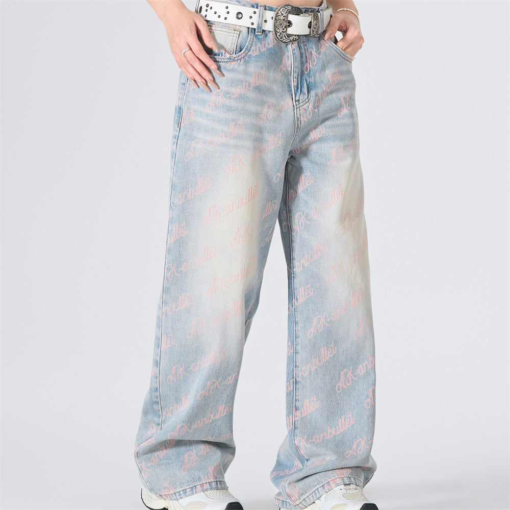 Wide-Leg Jeans with Allover Pink Script Print – Light Blue Washed Denim