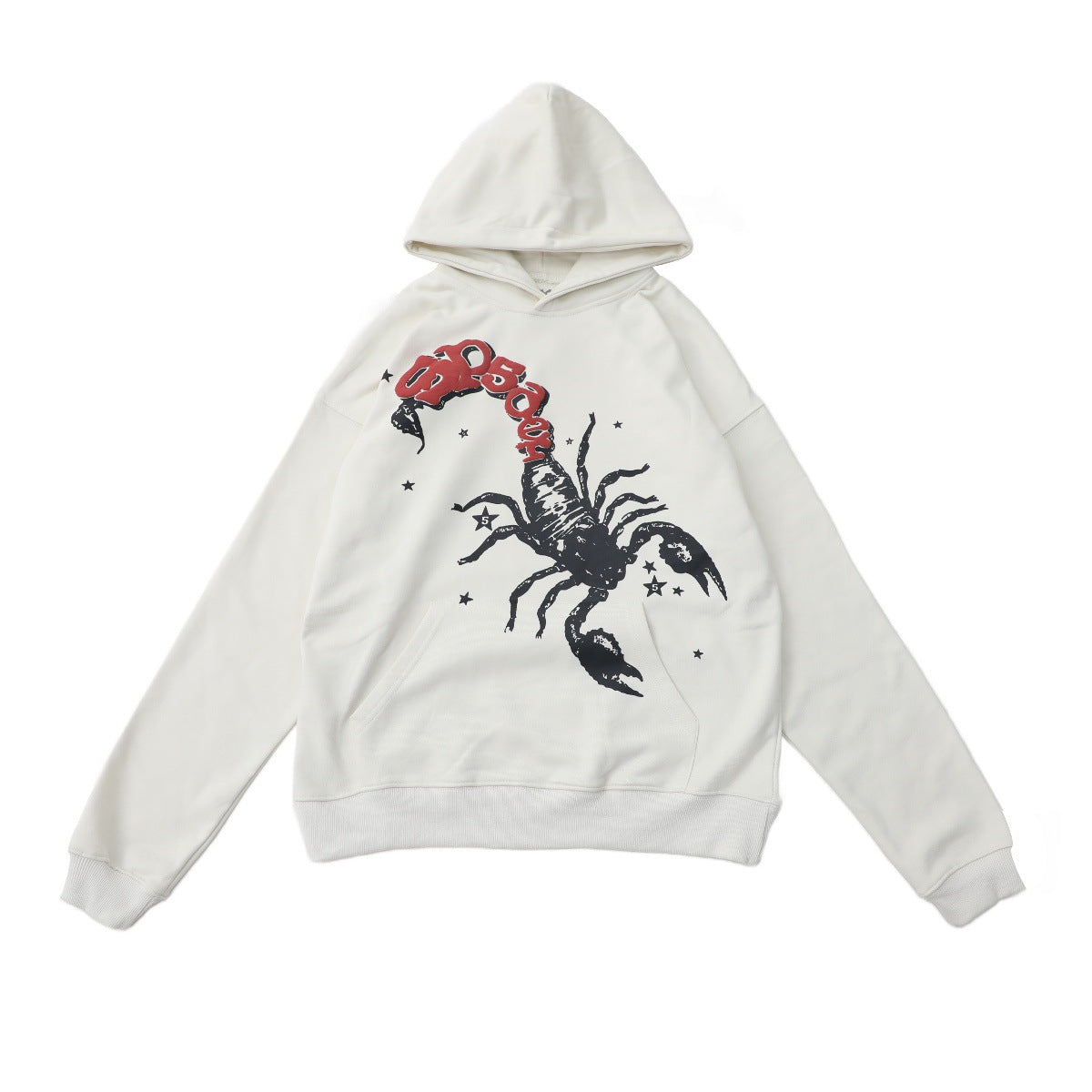 The Sp5der Scorpion Hoodie – White 440GSM Heavyweight Streetwear Pullover showcases a bold black scorpion with a red tail and black stars, all on premium fleece for a relaxed fit and cozy hood—perfect for standout street style.