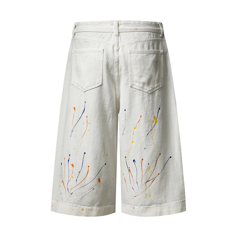 Paint Splatter Denim Shorts – Wide Leg Hip-Hop Street Style