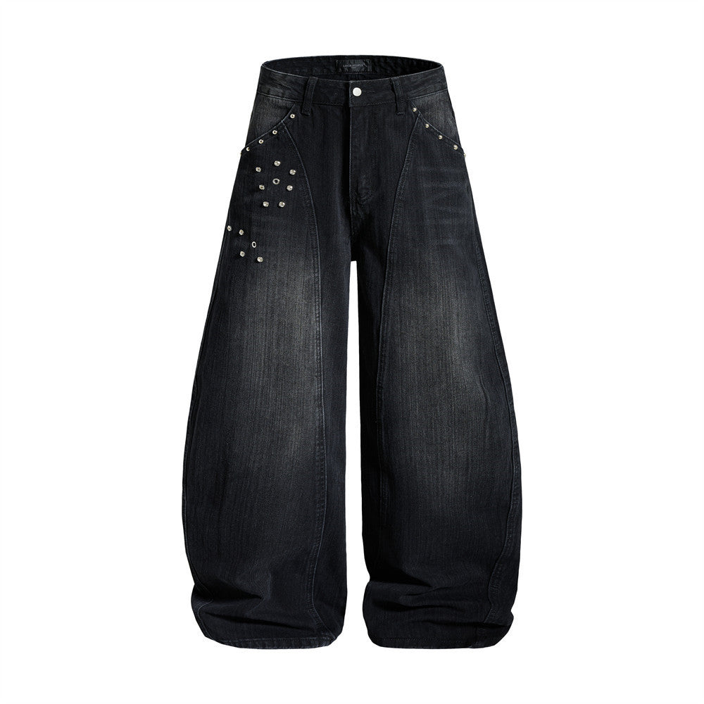 Men's Baggy Black Jeans Wide-Leg Rivet Punk Washed Denim Pants