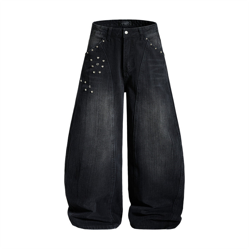 Men's Baggy Black Jeans Wide-Leg Rivet Punk Washed Denim Pants